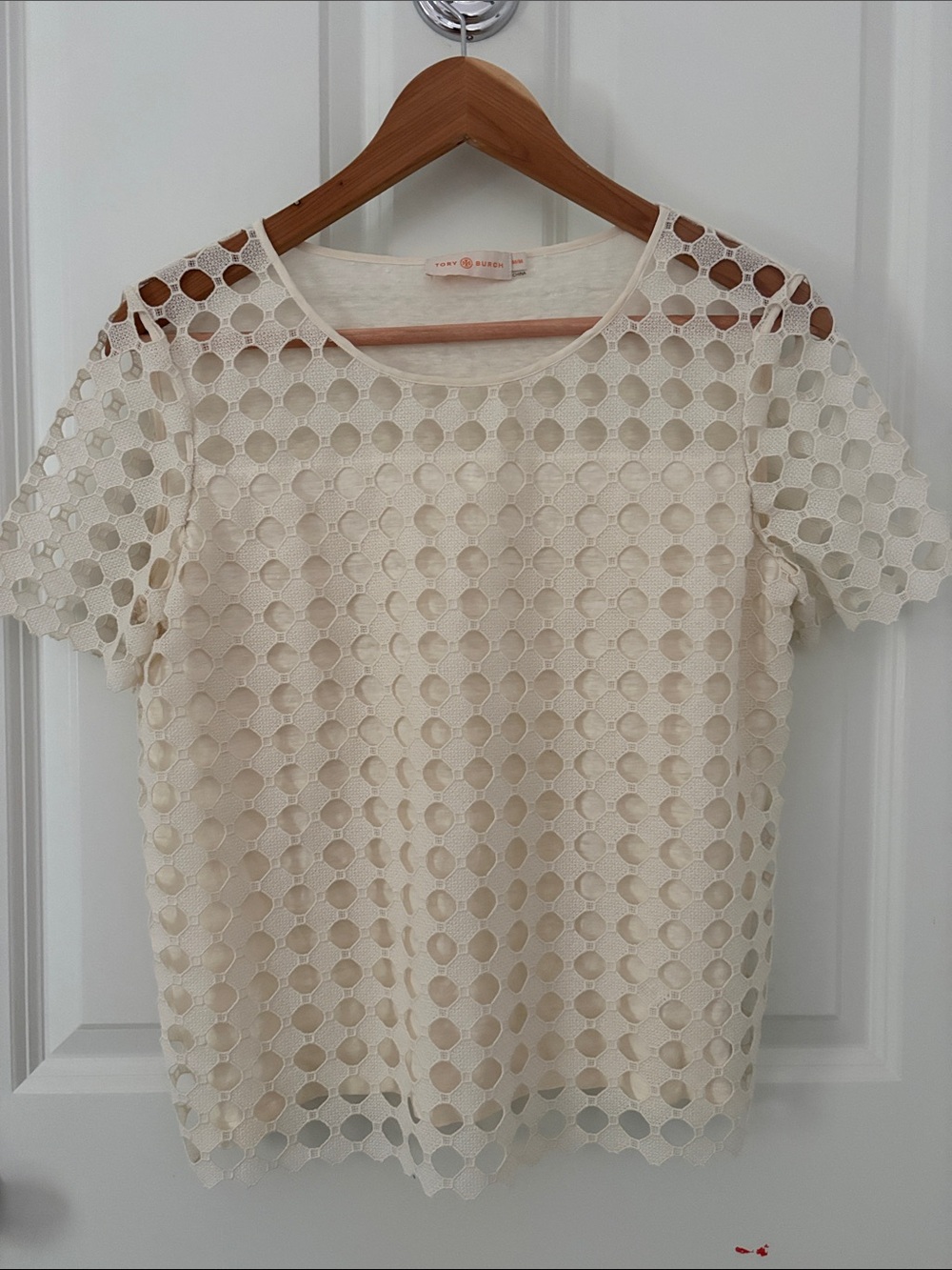 Tory Burch Ivory Short Sleeve Eyelet Top